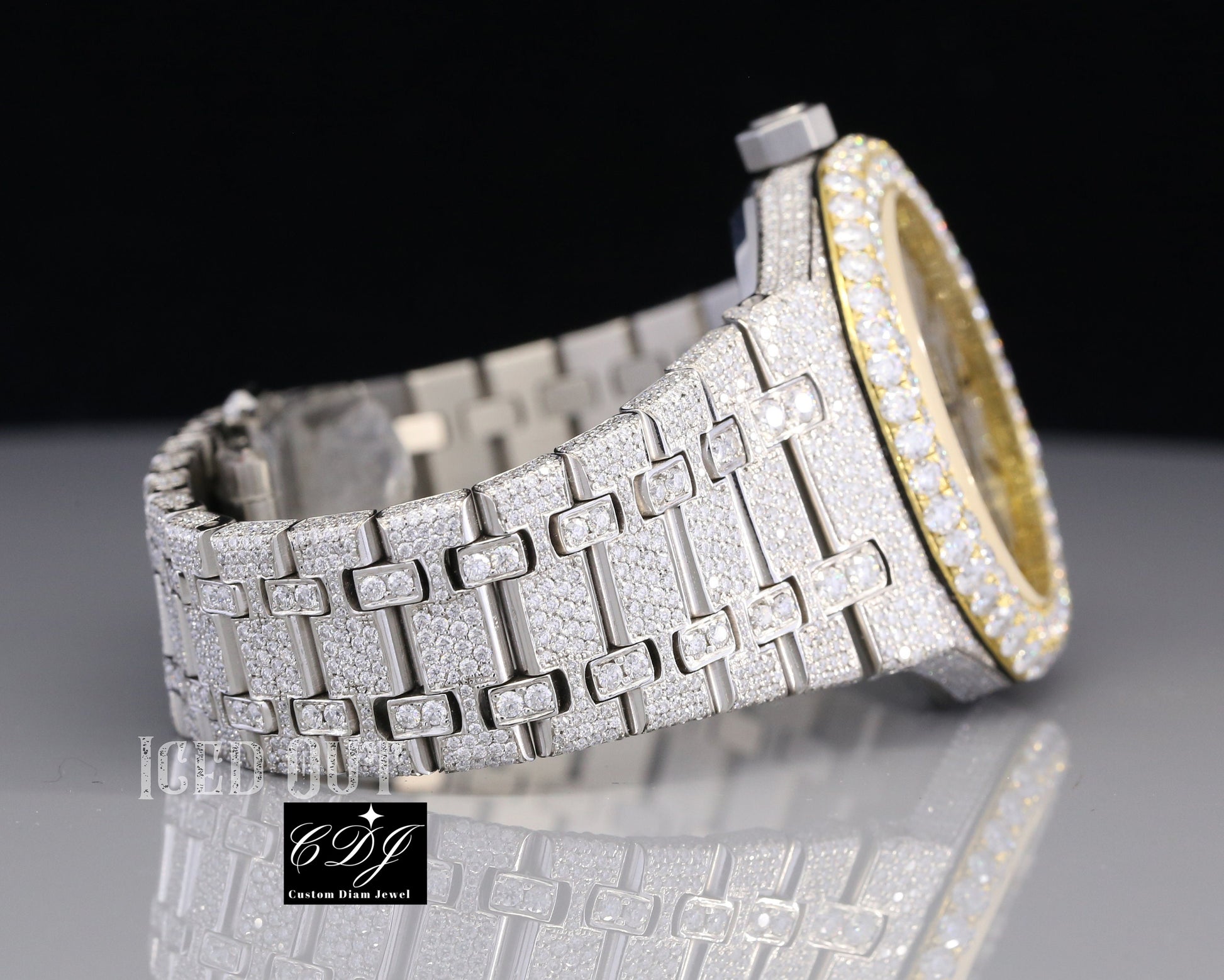 Yellow Plated Bezel VVS White Moissanite Luxury Diamond Watch customdiamjewel