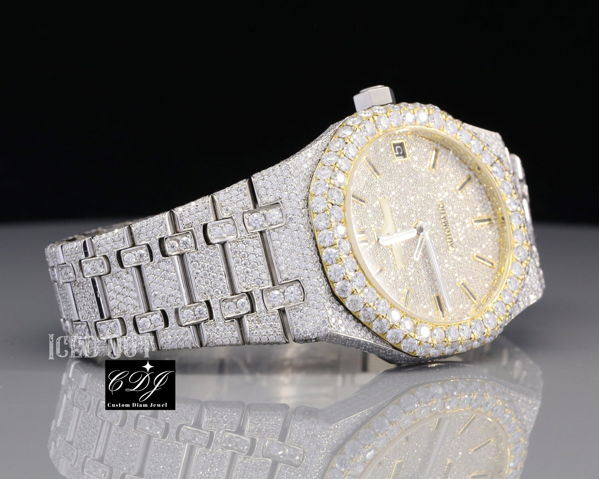 Yellow Plated Bezel VVS White Moissanite Luxury Diamond Watch customdiamjewel