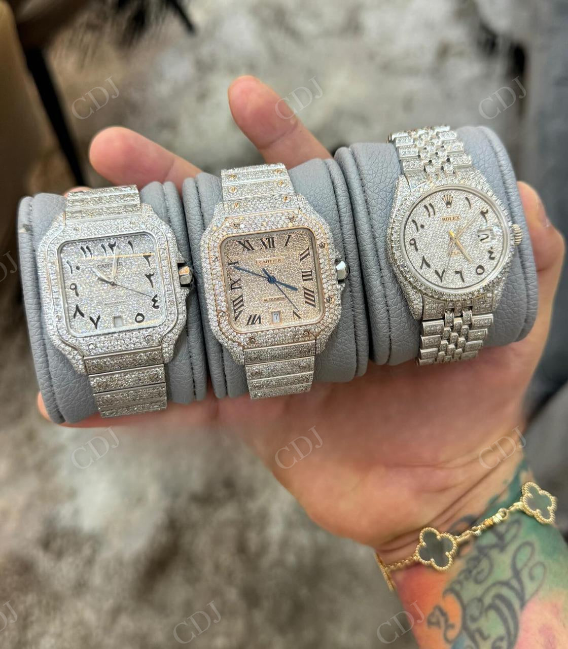 Luxury Arabic Dial Full White Cartier Santos Iced Out Moissanite Watch hip hop jewelry CustomDiamJewel