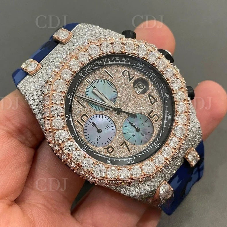 Luxury Custom Hip Hop Iced Out Watches Rose Gold Plated Blue Camo Silicon Belt Moissanite Watches Men Wrist Watch For Rappers