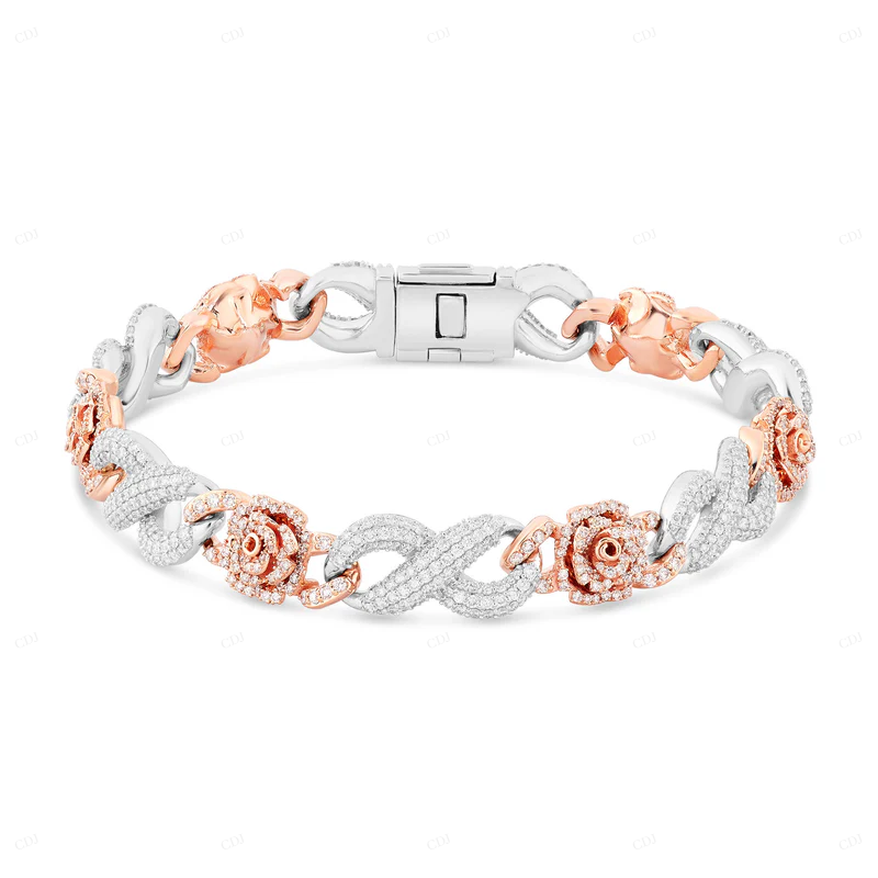Iced Out Two Tone Sterling Silver Floral Bracelet CustomDiamJewel