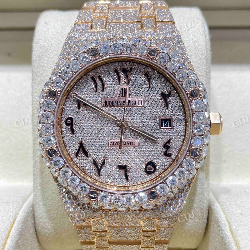 41mm Rose White Arabic Digit Lab Grown Diamond Hip Hop Watch customdiamjewel