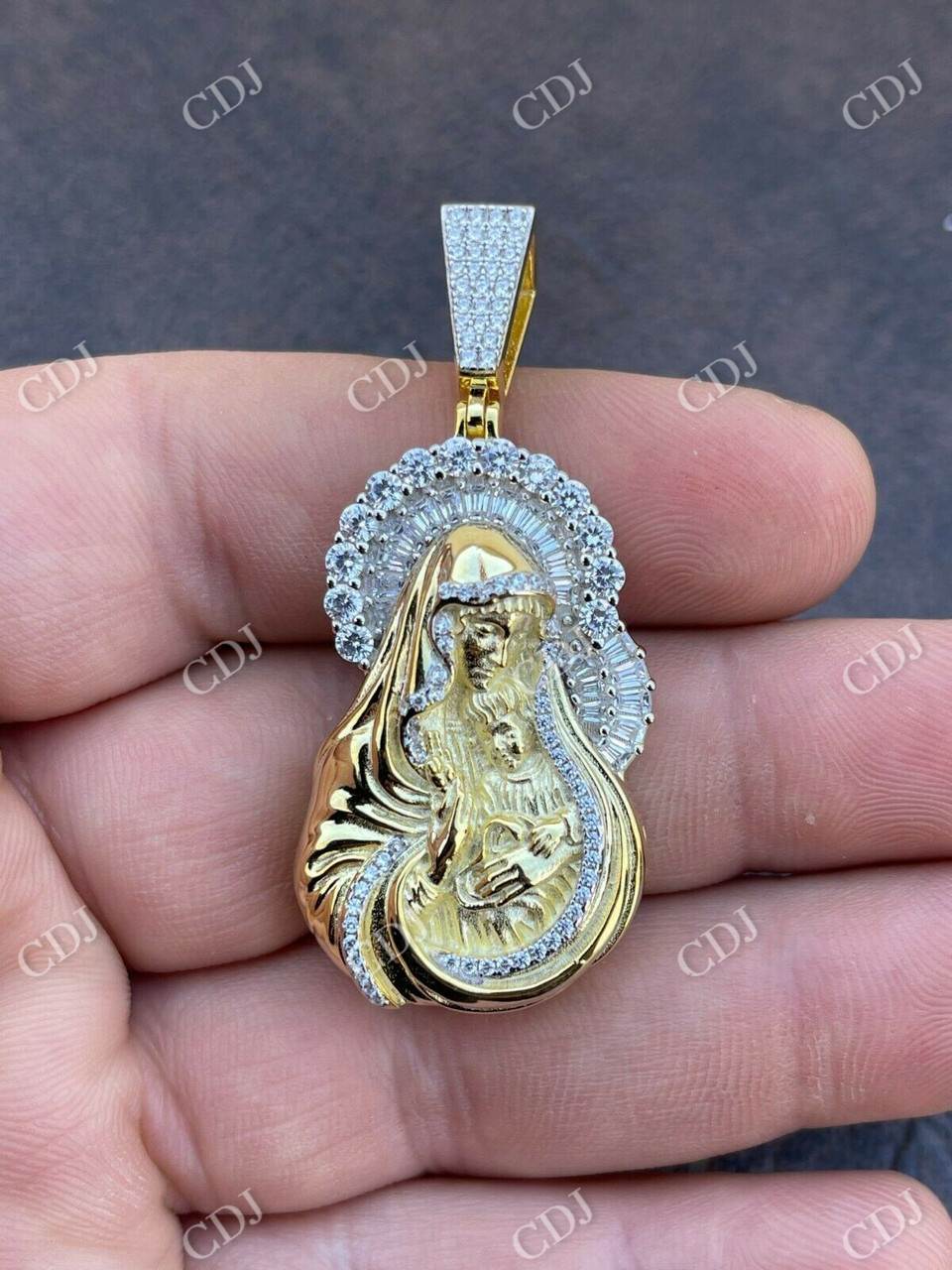Gold Baguette Virgin Mary Iced out Pendant  customdiamjewel   