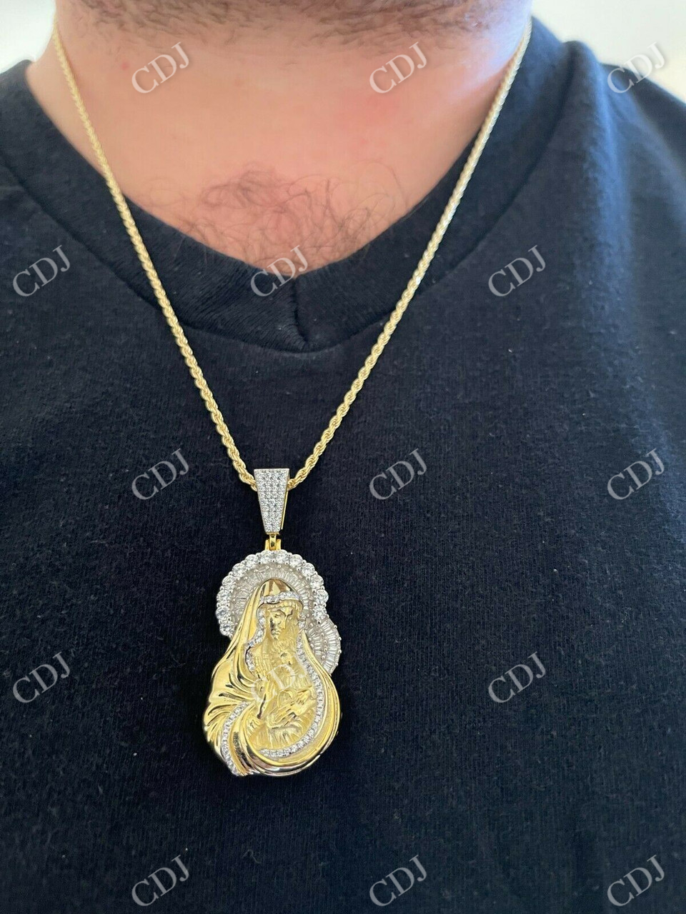 Gold Baguette Virgin Mary Iced out Pendant  customdiamjewel   