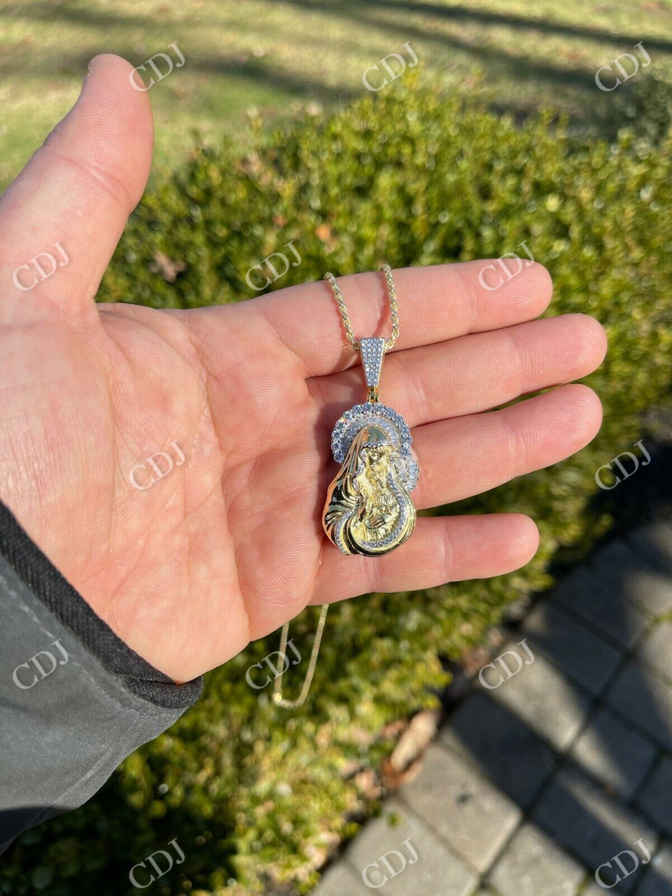 Gold Baguette Virgin Mary Iced out Pendant  customdiamjewel   