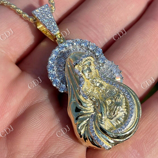 Gold Baguette Virgin Mary Iced out Pendant  customdiamjewel   