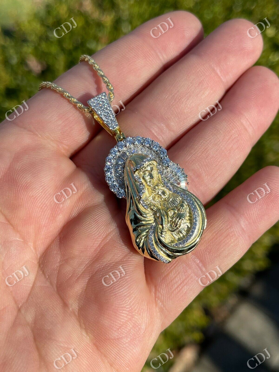 Gold Baguette Virgin Mary Iced out Pendant  customdiamjewel   