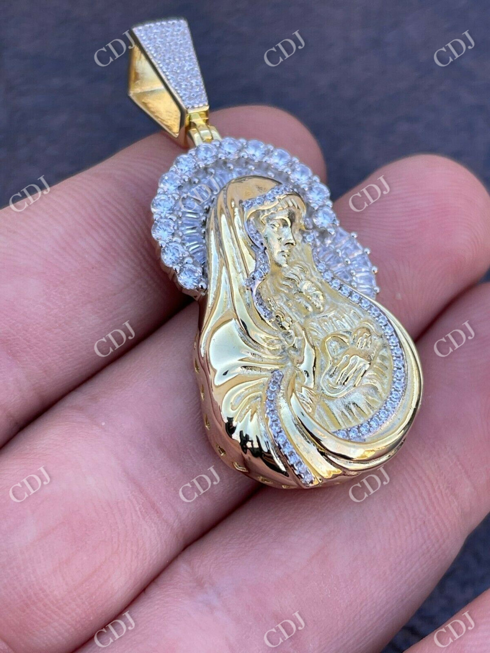 Gold Baguette Virgin Mary Iced out Pendant  customdiamjewel   