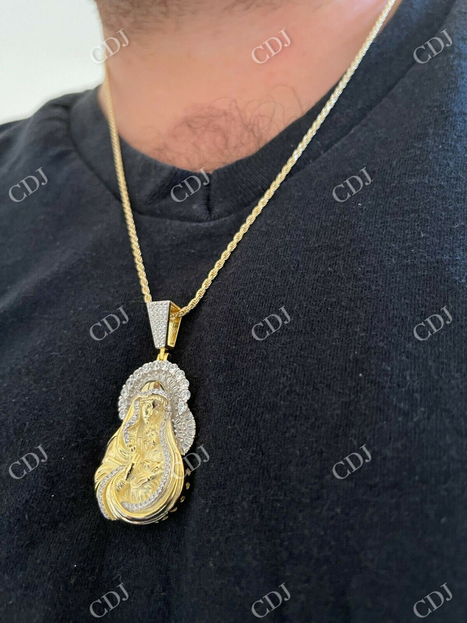 Gold Baguette Virgin Mary Iced out Pendant  customdiamjewel   