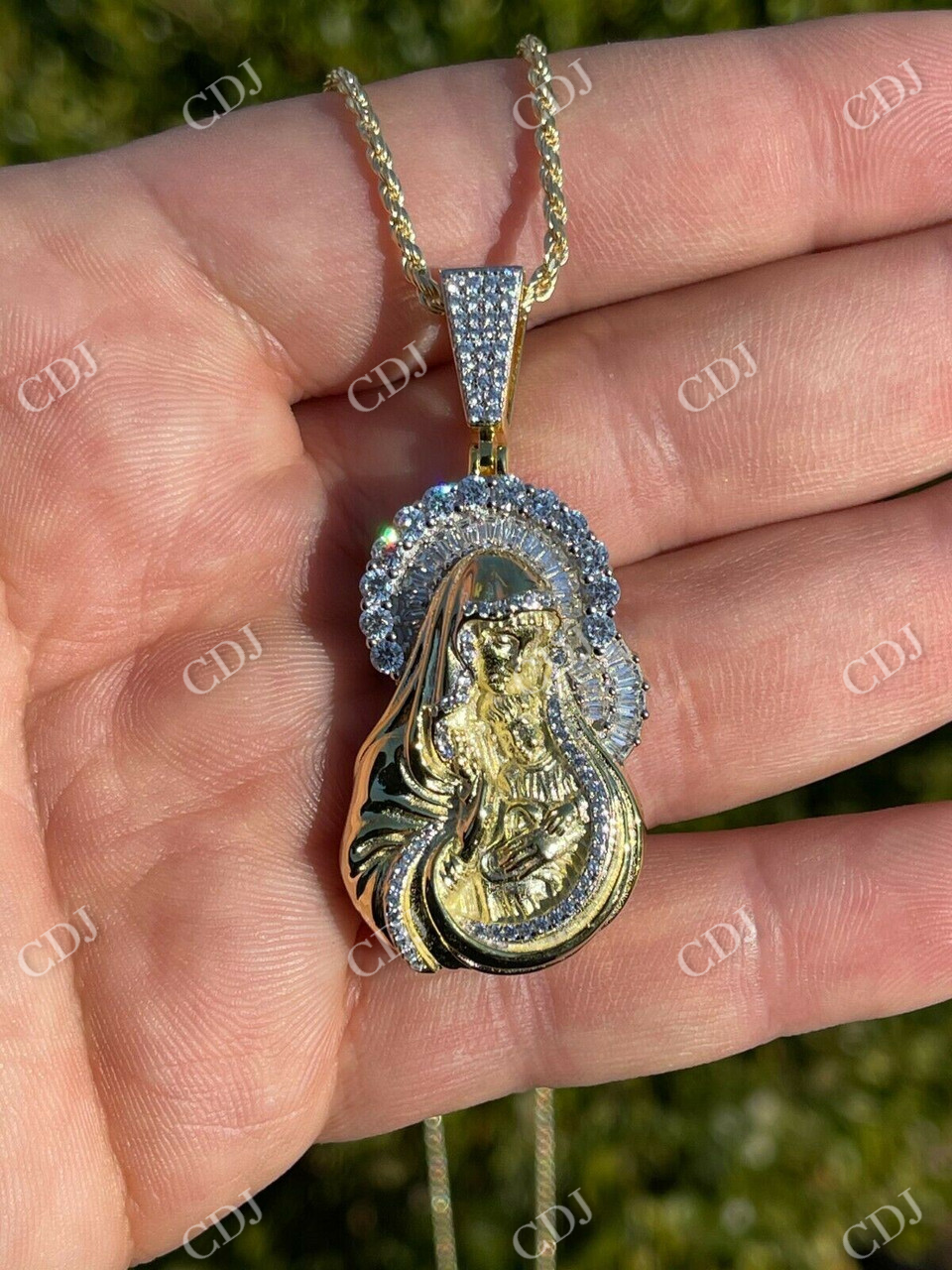 Gold Baguette Virgin Mary Iced out Pendant  customdiamjewel   