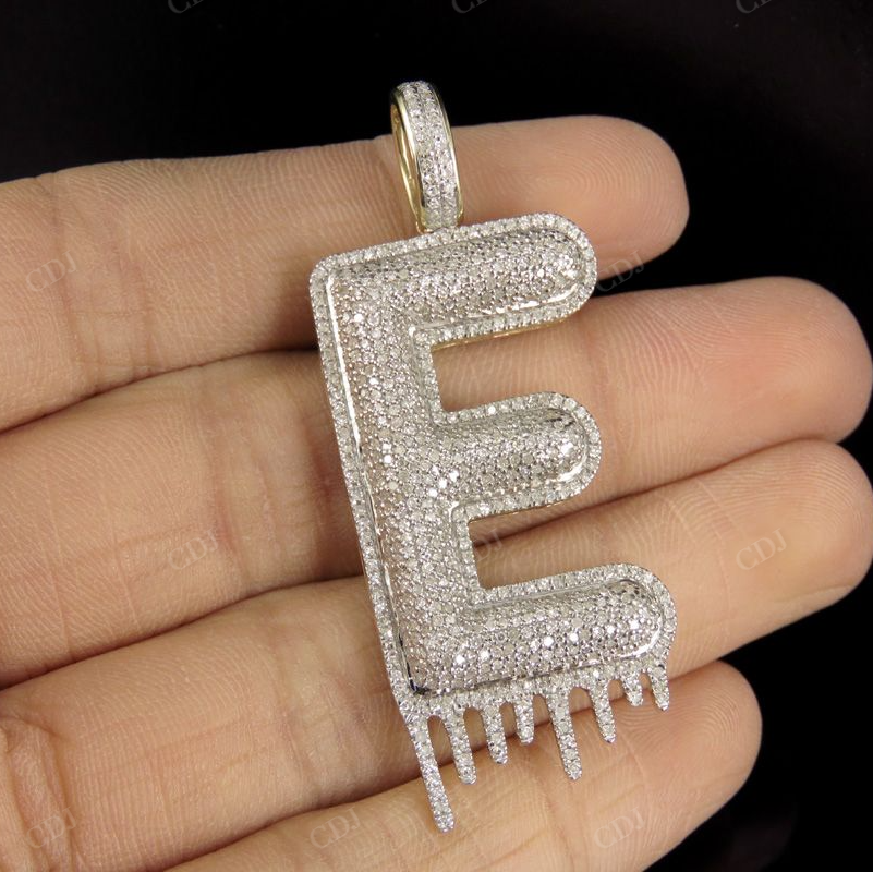 2" 2 CTW 10K Solid Gold Natural Diamond Letter 'E' Initial Drip Pendant CustomDiamJewel