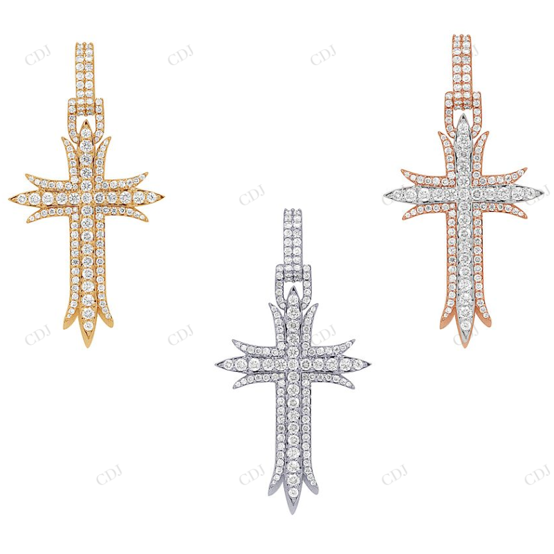 Three Row Lab Grown Diamond 14K Gold Sword Cross Pendant Hip Hop Pendent CustomDiamJewel