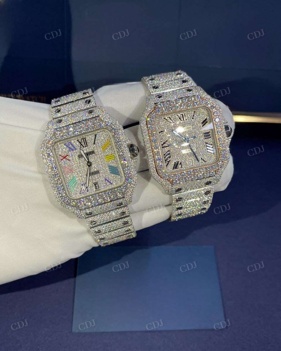 Fully Iced Out Rainbow Dial Cartier Santos Diamond Hand Setting Watches customdiamjewel