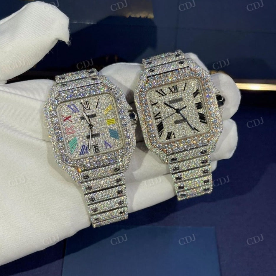 Fully Iced Out Rainbow Dial Cartier Santos Diamond Hand Setting Watches customdiamjewel