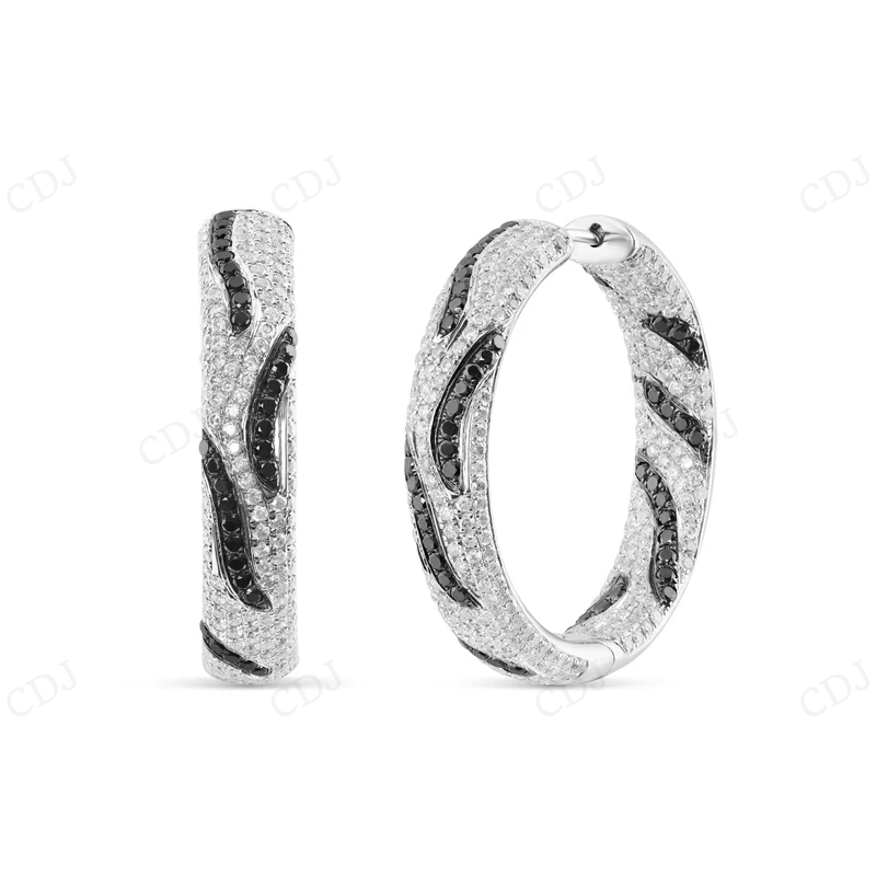 Black And White Diamond Stripes Hoop Earrings Stud earrings CustomDiamJewel