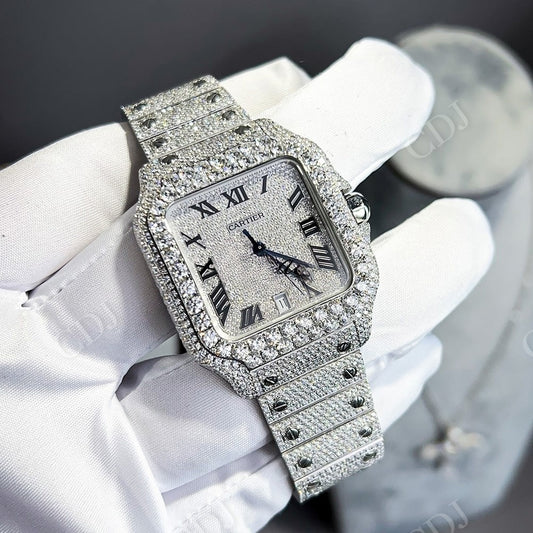 Buss Down Cartier Santos Moissanite Watch customdiamjewel