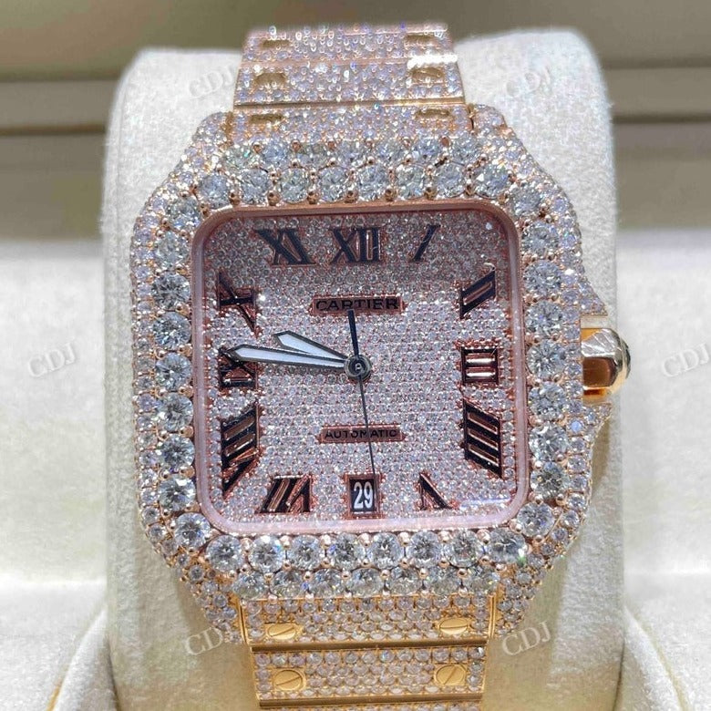 Full Rose 41 mm Roman Cartier Santos Bust Down Lab Grown Watch customdiamjewel