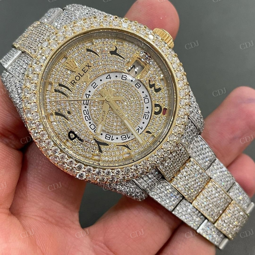 Two Tone Diamond Arabic Dial Fully Iced Out Rolex Sky Dweller Wrist Watch customdiamjewel