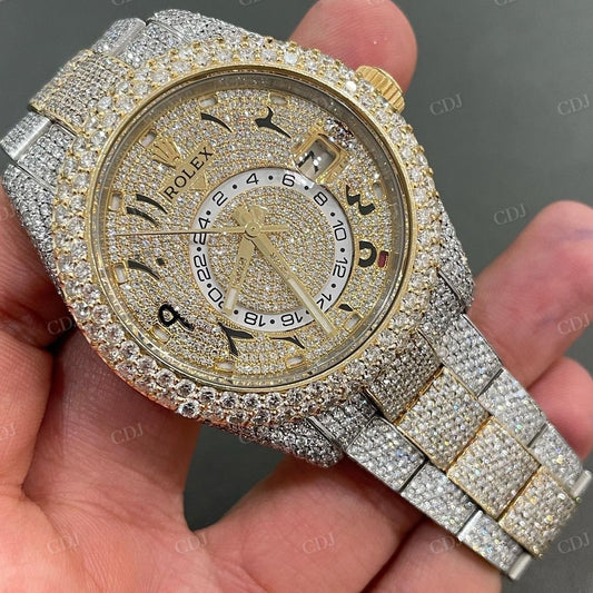 Two Tone Diamond Arabic Dial Fully Iced Out Rolex Sky Dweller Wrist Watch customdiamjewel