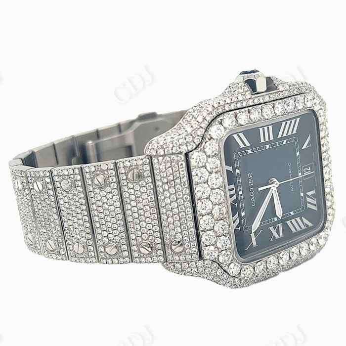 Cartier Santos Blue Dial Fully Iced Out Moissanite Watch customdiamjewel