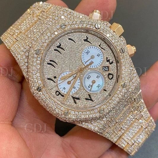 Iced Out Moissanite Yellow Tone Arbic Dial Chrono Watch customdiamjewel