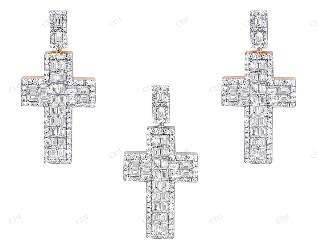 2 Inch Emerald Cut Lab Grown Diamond Gold Cluster Cross Pendant Hip Hop Pendent CustomDiamJewel