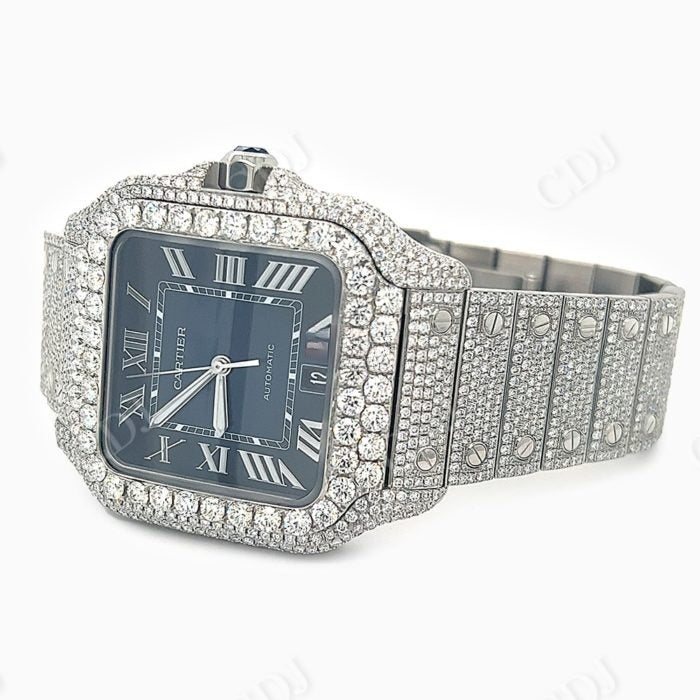 Cartier Santos Blue Dial Fully Iced Out Moissanite Watch customdiamjewel