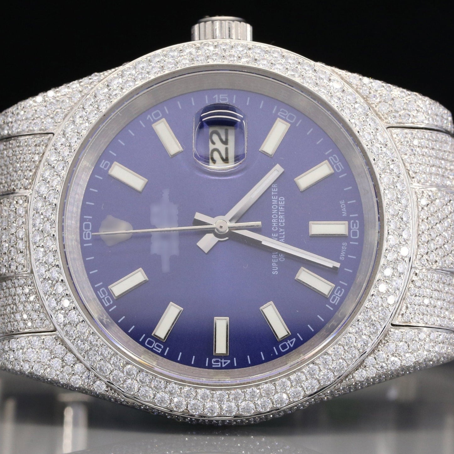 Full White Rolex Oyster Blue Face Moissanite Watch customdiamjewel