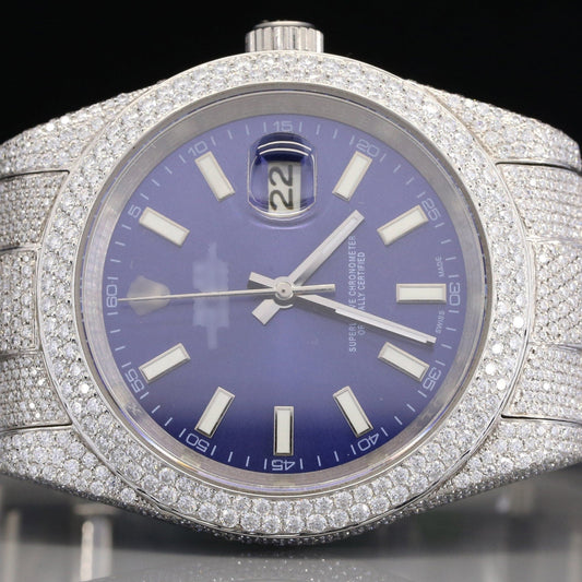 Full White Rolex Oyster Blue Face Moissanite Watch customdiamjewel
