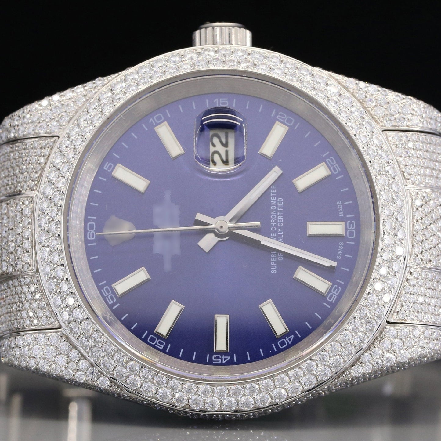 Luxury Blue Dial Rolex Date Just Moissanite Diamond Wrist Watch customdiamjewel