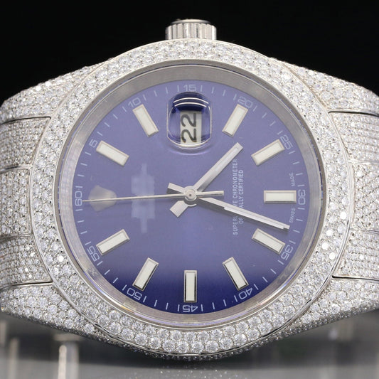 Luxury Blue Dial Rolex Date Just Moissanite Diamond Wrist Watch customdiamjewel