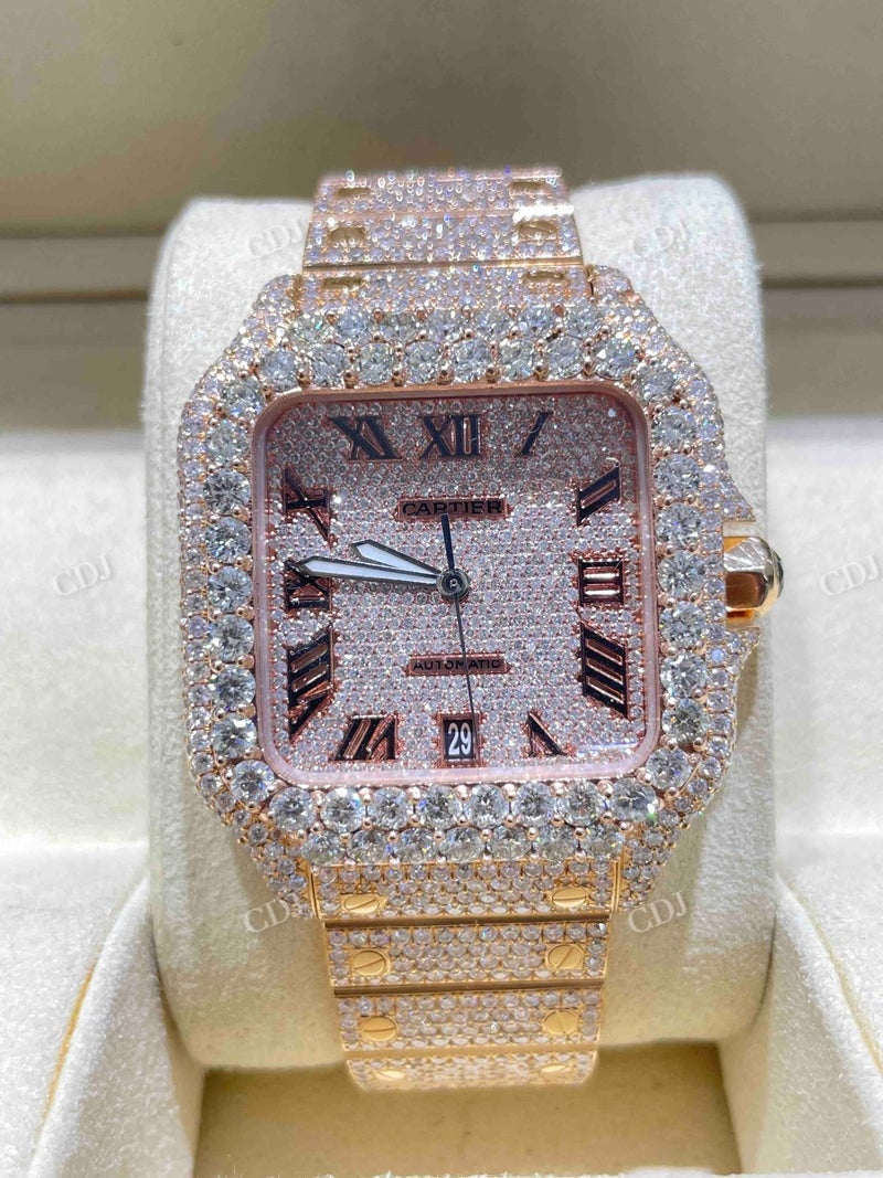 Full Rose 41 mm Roman Cartier Santos Bust Down Lab Grown Watch customdiamjewel