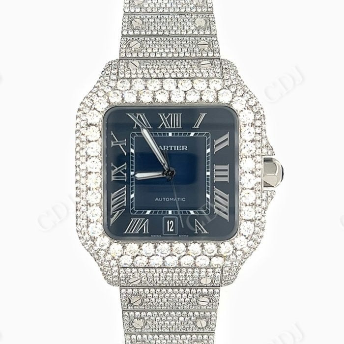 Cartier Santos Blue Dial Fully Iced Out Moissanite Watch customdiamjewel