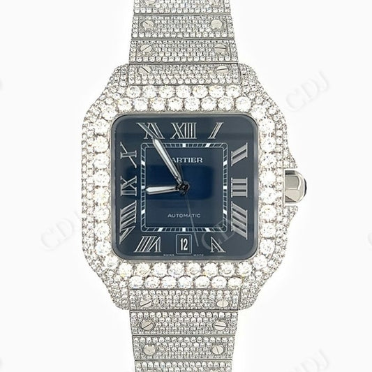 Cartier Santos Blue Dial Fully Iced Out Moissanite Watch customdiamjewel