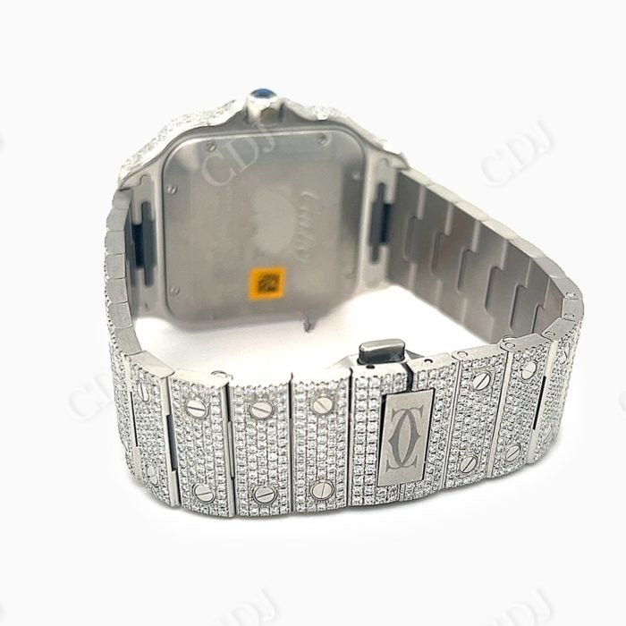 Cartier Santos Blue Dial Fully Iced Out Moissanite Watch customdiamjewel