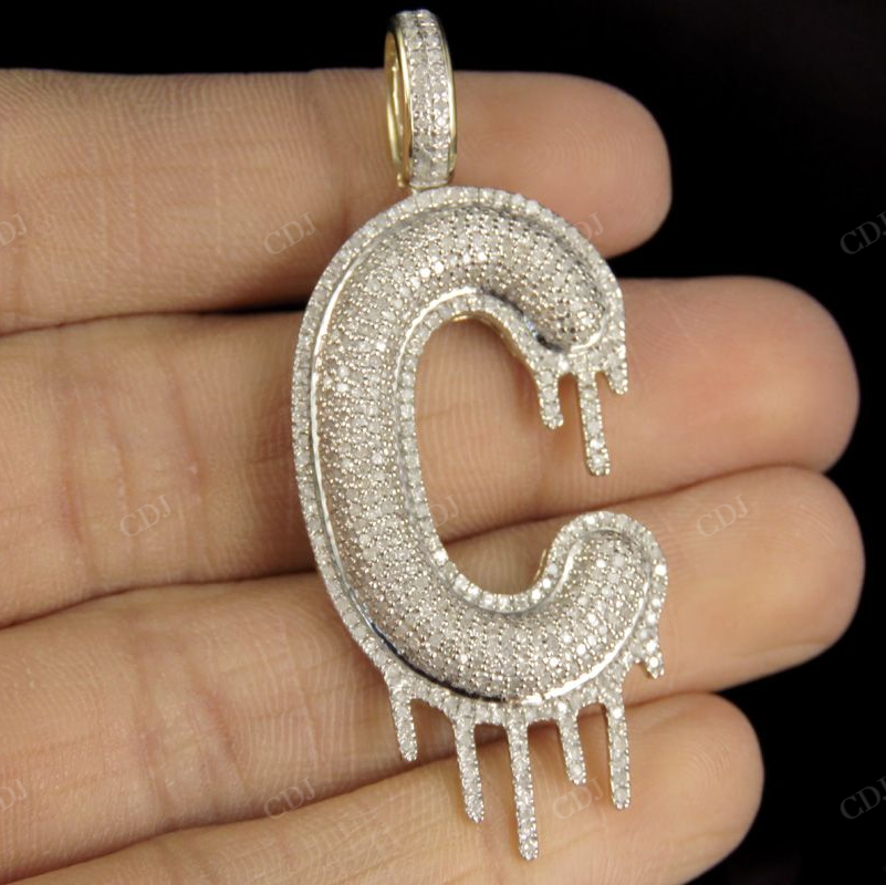2" 1.34 CTW Solid Gold Natural Diamond Letter 'C' Initial Drip Pendant CustomDiamJewel