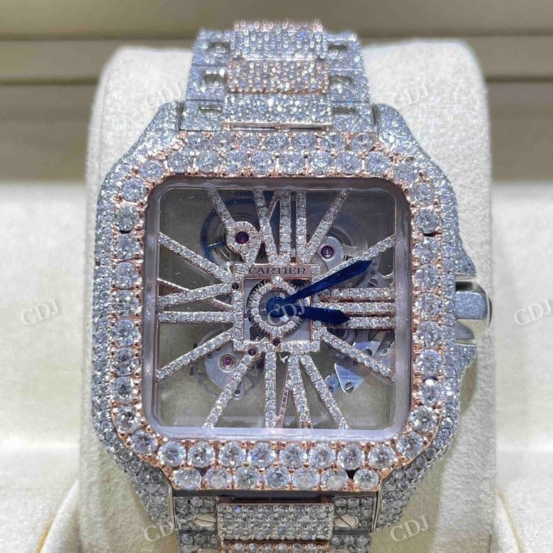 Rose White Iced Out Modified Cartier Skelton Moissanite Watch customdiamjewel