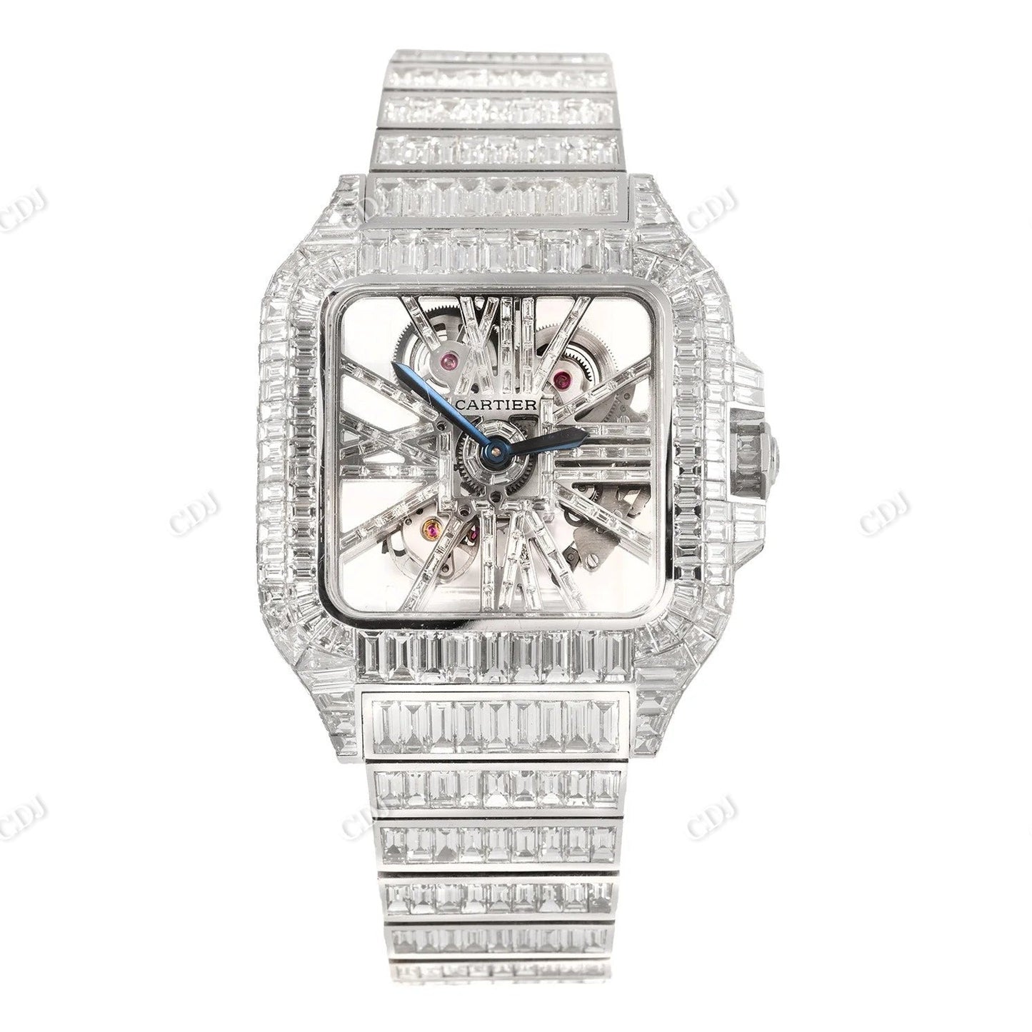 Fully Iced Out Baguette Moissanite Cartier Skeleton Watch customdiamjewel