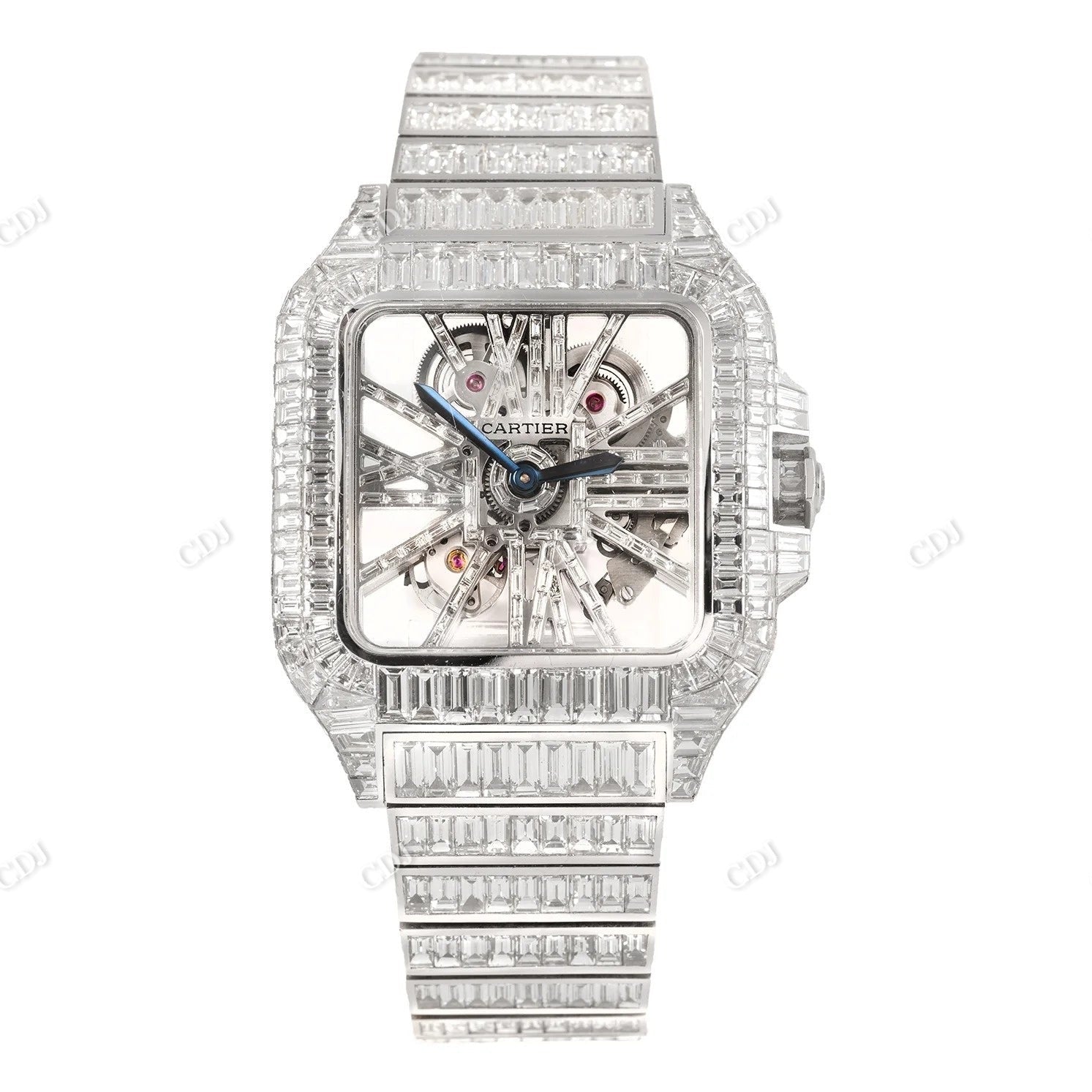 Fully Iced Out Baguette Moissanite Cartier Skeleton Watch customdiamjewel