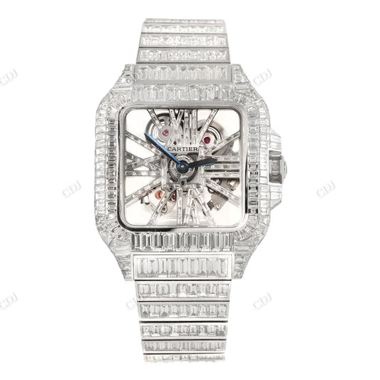 Fully Iced Out Baguette Moissanite Cartier Skeleton Watch customdiamjewel