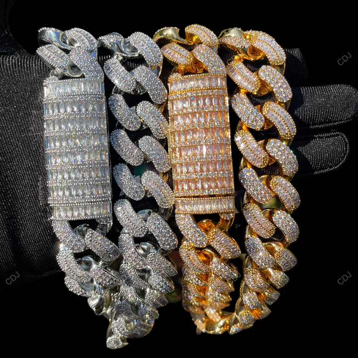925 Sterling Silver Round And Baguette Cut Cuban Chain CustomDiamJewel