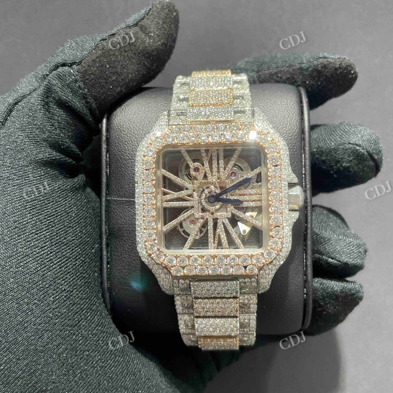 Rose White Iced Out Modified Cartier Skelton Moissanite Watch customdiamjewel