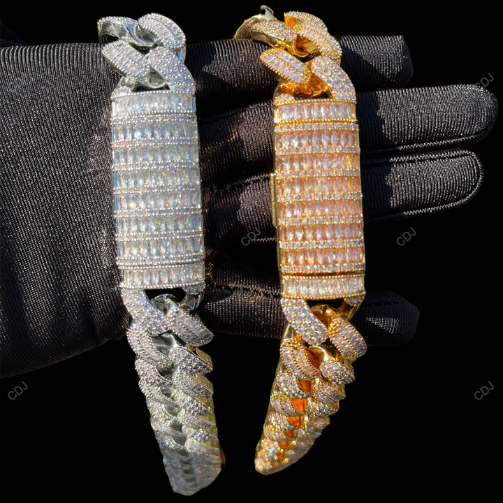 925 Sterling Silver Round And Baguette Cut Cuban Chain CustomDiamJewel