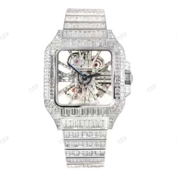 Fully Iced Out Baguette Moissanite Cartier Skeleton Watch customdiamjewel