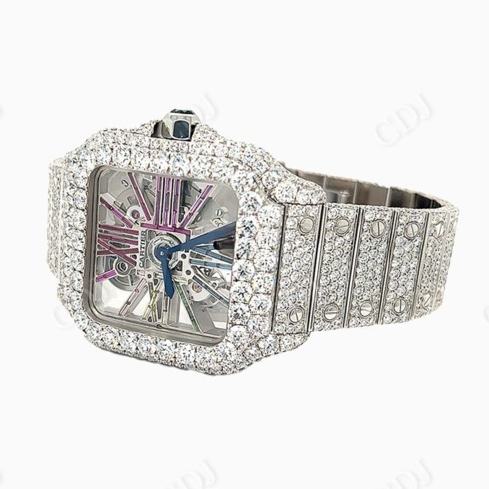 Rainbow Fully Iced Out Custom Cartier Moissanite Watch customdiamjewel