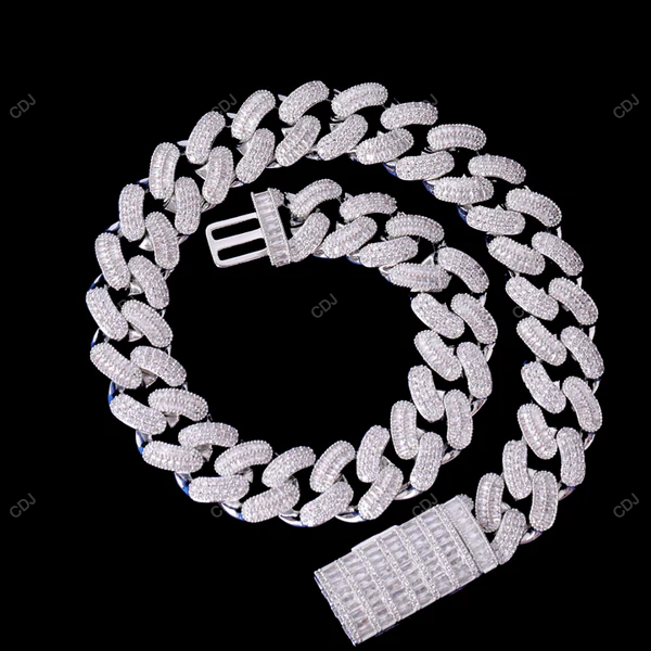 925 Sterling Silver Round And Baguette Cut Cuban Chain CustomDiamJewel