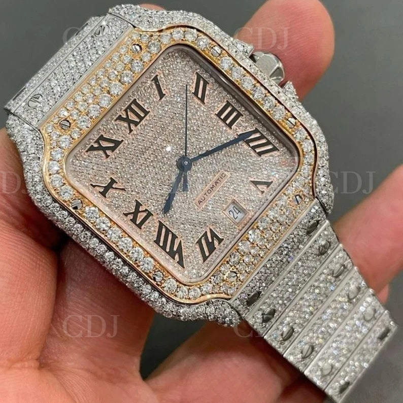 Fully Iced Out Hip Hop Square Dial Cartier Watch customdiamjewel