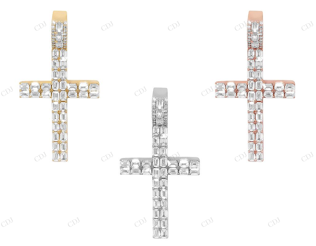 Two Row Emerald Cut Lab Grown Diamond 10K Gold Cross Pendant Hip Hop Pendent CustomDiamJewel