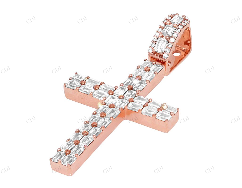 Two Row Emerald Cut Lab Grown Diamond 10K Gold Cross Pendant Hip Hop Pendent CustomDiamJewel