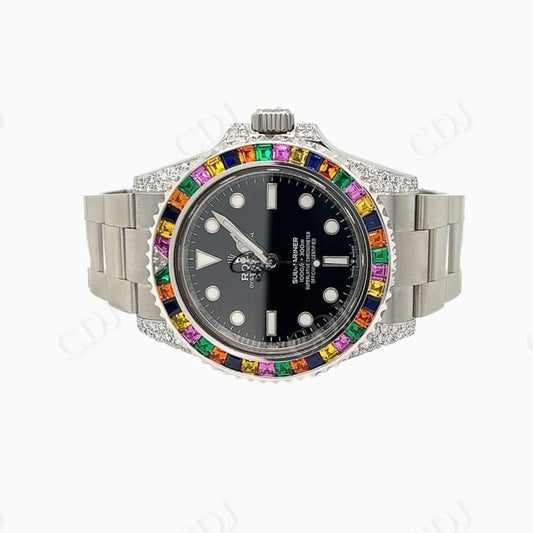 Custom Black Plate Rolex Rainbow Bezel Watch customdiamjewel